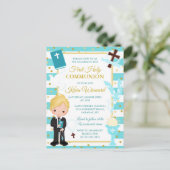 ブルーストライプブロンドボーイファーストホーリーコミュニオンポストカ ポストカード (スタンド正面)