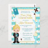 ブルーストライプブロンドボーイファーストホーリーコミュニオンポストカ ポストカード (正面/裏面)