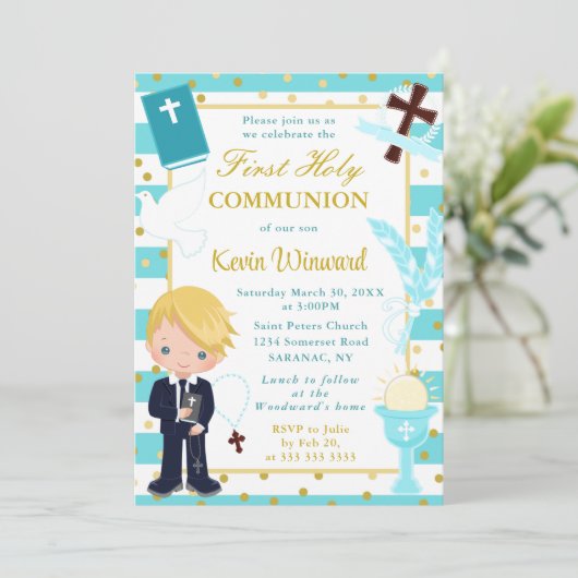 ブルーストライプブロンド髪の男の子ファースト聖餐式 招待状 (スタンド正面)