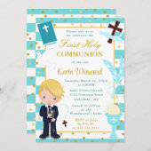 ブルーストライプブロンド髪の男の子ファースト聖餐式 招待状 (正面/裏面)