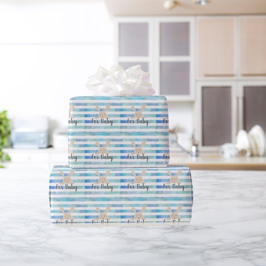 ブルーストライプベビー水彩用バニー ラッピングペーパー