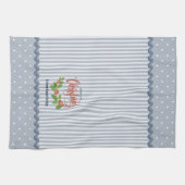 ブルーストライプホリ葉ークリスマスとベリー キッチンタオル (横)