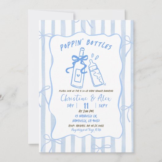 ブルーストライプボトル手描きポップピンベビーシャワー 招待状 (正面)