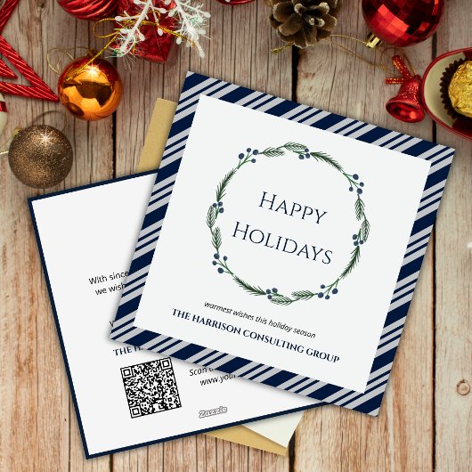 ブルーストライプリースロ企業のゴQRコードホリデー シーズンカード
