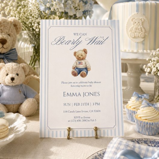 ブルーストライプ柄シャワーの「We Can Bearly Wait」 招待状