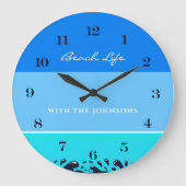 ブルーストライプ海ウェーブズファミリーネームビーチハウス ラージ壁時計 (正面)