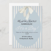 ブルーストライプ男の赤ちゃんアナウンスアクア招待状 招待状 (正面/裏面)