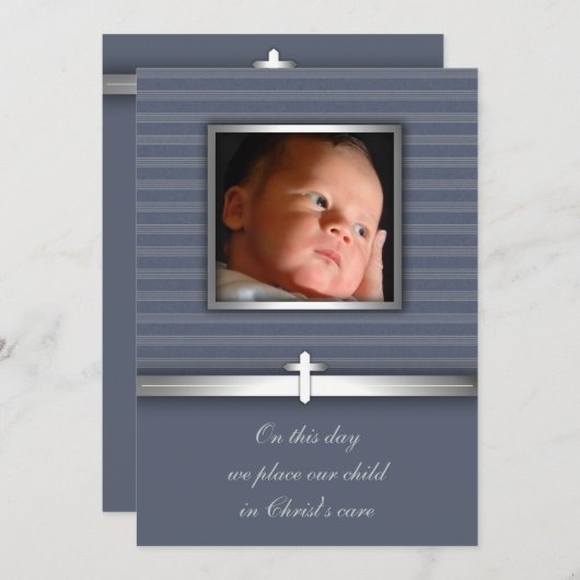ブルーストライプ男の赤ちゃんフォト《キリスト教》洗礼式や命名式 招待状 (正面/裏面)