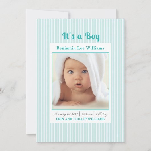 ブルーストライプ男の赤ちゃん写真誕生のお知らせ 招待状 (正面)