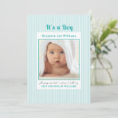 ブルーストライプ男の赤ちゃん写真誕生のお知らせ 招待状 (スタンド正面)