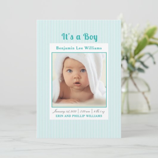 ブルーストライプ男の赤ちゃん写真誕生のお知らせ 招待状 (スタンド正面)