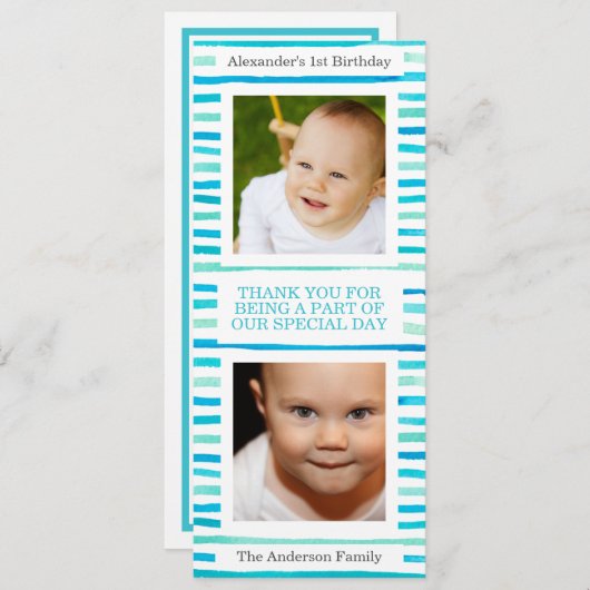 ブルーストライプ男の赤ちゃん1st誕生日フォトサンキュー 招待状 (正面/裏面)