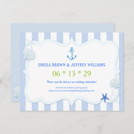 ブルーストライプ航海のウエディング日付の保存 案内ポストカード (正面/裏面)