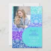 ブルーストライプ誕生日アーチフォトフローラ 招待状 (正面)