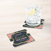 ブルーストライプ赤面ピンクローズSweet sixteen スクエアペーパーコースター (インサイチュ)