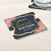 ブルーストライプ赤面ピンクローズSweet sixteen スクエアペーパーコースター (アングル)