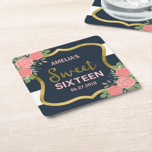 ブルーストライプ赤面ピンクローズSweet sixteen スクエアペーパーコースター (アングル)