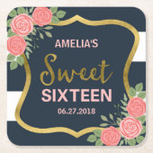 ブルーストライプ赤面ピンクローズSweet sixteen スクエアペーパーコースター (正面)