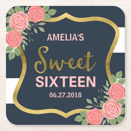 ブルーストライプ赤面ピンクローズSweet sixteen スクエアペーパーコースター (正面)