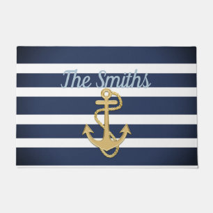 ブルーストライプ金ゴールドいかり航海の ドアマット