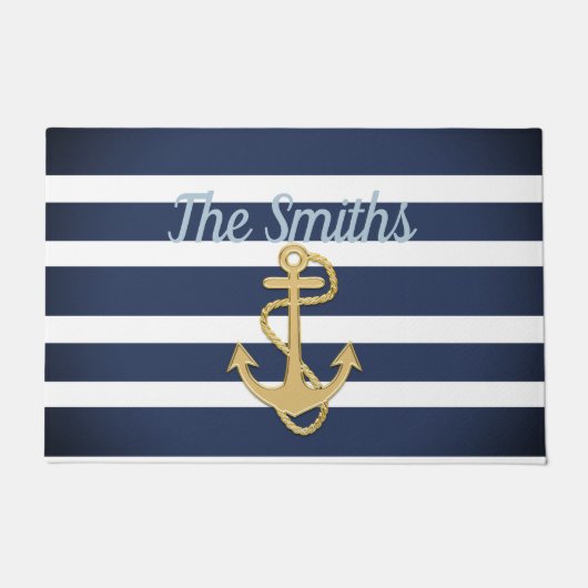 ブルーストライプ金ゴールドいかり航海の ドアマット (正面)