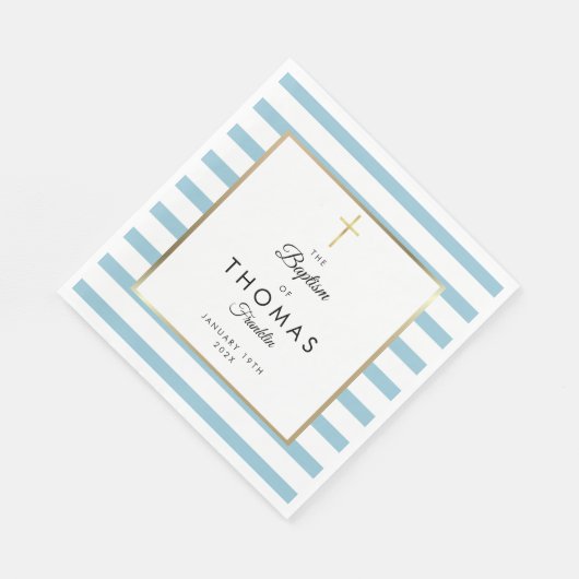 ブルーストライプ金ゴールドクロスバプテスマ《キリスト教》洗礼式や命名式 スタンダードランチョンナプキン (角)