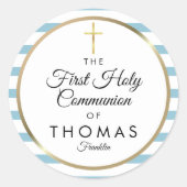 ブルーストライプ金ゴールドクロスファースト聖餐式 ラウンドシール (正面)