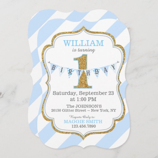 ブルーストライプ金ゴールドグリッター第1誕生日 招待状 (正面/裏面)