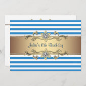 ブルーストライプ金ゴールドフラワーズ10誕生日招待状 招待状 (正面/裏面)