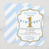 ブルーストライプ ゴールドグリッター 1歳誕生日 招待状 (正面/裏面)