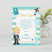 ブルーストライプ ブロンドの少年 初の聖体拝領 サンキューカード (スタンド正面)