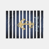 ブルーストライプ&金ゴールド航海のいかり フリースブランケット (正面(横))