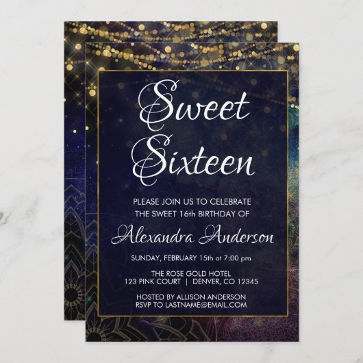 ブルーストリングライトマンダラスウィート16誕生日 招待状 (正面/裏面)