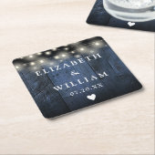 ブルーストリングライト素朴ウッドボホバ結婚ンズ スクエアペーパーコースター (アングル)