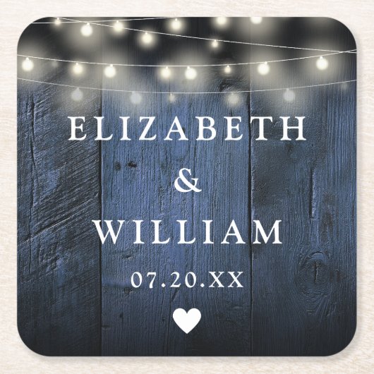 ブルーストリングライト素朴ウッドボホバ結婚ンズ スクエアペーパーコースター (正面)