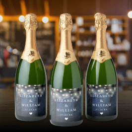 ブルーストリングライト素朴ウッドボホバ結婚ンズ スパークリングワインラベル