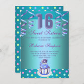 ブルーストリーマー&ケーキスウィート16誕生日招待状 招待状 (正面/裏面)