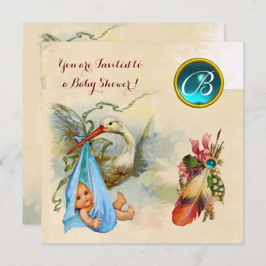 ブルーストーク少年の赤ちゃんシャワー、宝石モノグラム 招待状 (正面/裏面)