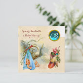 ブルーストーク少年の赤ちゃんシャワー、宝石モノグラム 招待状 (スタンド正面)