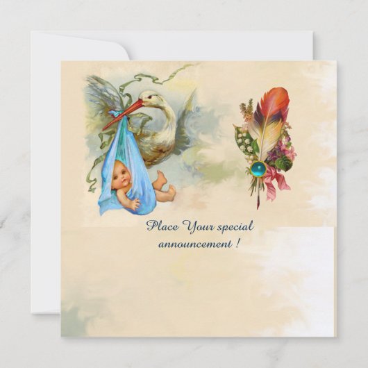 ブルーストーク少年の赤ちゃんシャワー、宝石モノグラム 招待状 (裏面)