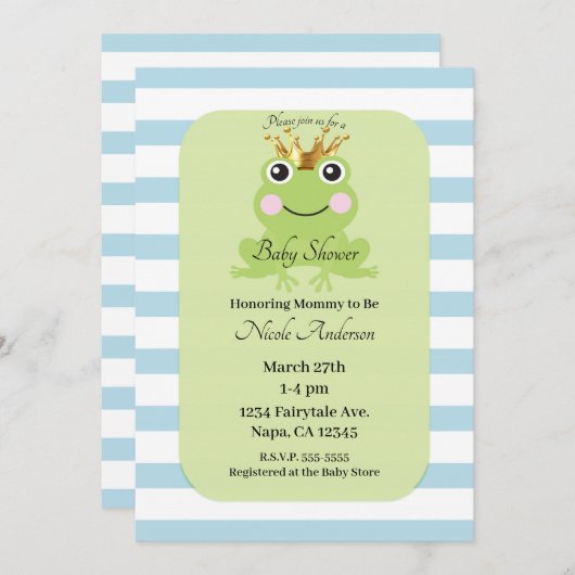 ブルーストーリーブックフェアリー物語カエル王子ベビーシャワー 招待状 (正面/裏面)