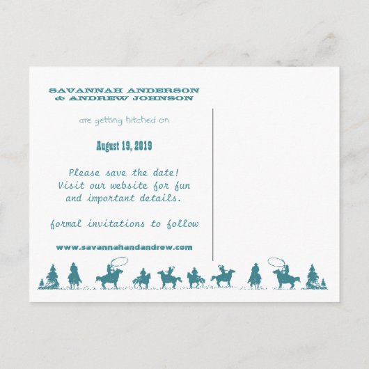 ブルーストーンティール（緑がかった色）ウエスタンホースランチファーム結婚ズ 案内ポストカード (裏面)