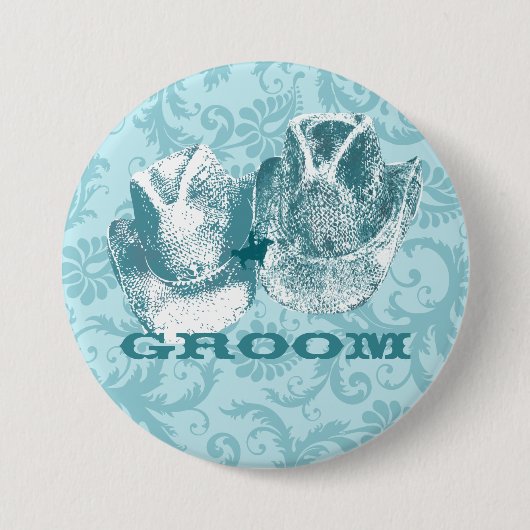 ブルーストーンティール（緑がかった色）ウエスタンホースランチファーム結婚ズ 缶バッジ (正面)