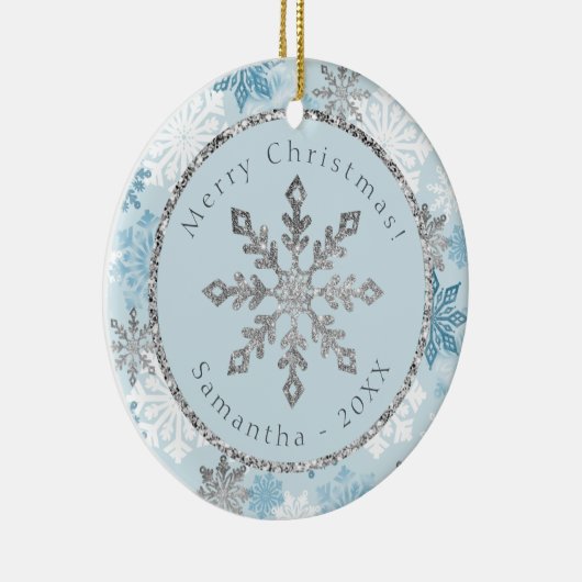 ブルースノーフレパーソナライズされたーク名日付 セラミックオーナメント (右)