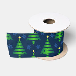 ブルースノーフレークと背景を持つクリスマスツリー サテンリボン