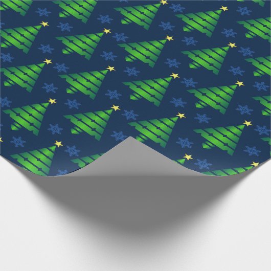 ブルースノーフレークと背景を持つクリスマスツリー ラッピングペーパー (角)