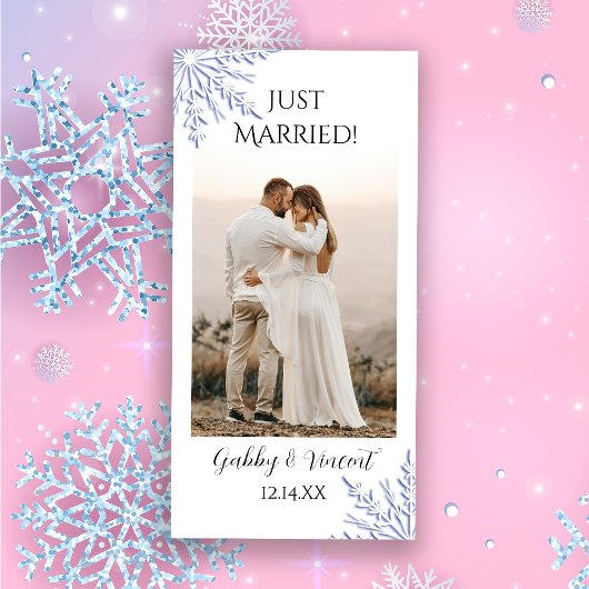 ブルースノーフレークウィンターウェディングたった今結婚しました 案内状