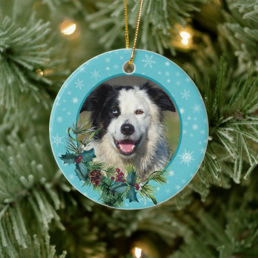 ブルースノーフレークエバーグリーンフォトメモリアル セラミックオーナメント (ツリー)