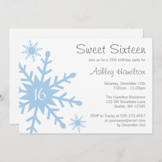 ブルースノーフレークスイート16ウィンター誕生日招待状 招待状 (正面/裏面)