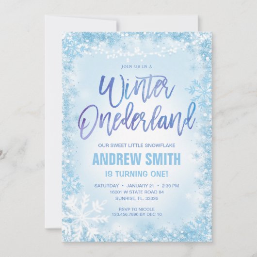 ブルースノーフレークスウィンターオネダーランド誕生日 招待状 (正面)